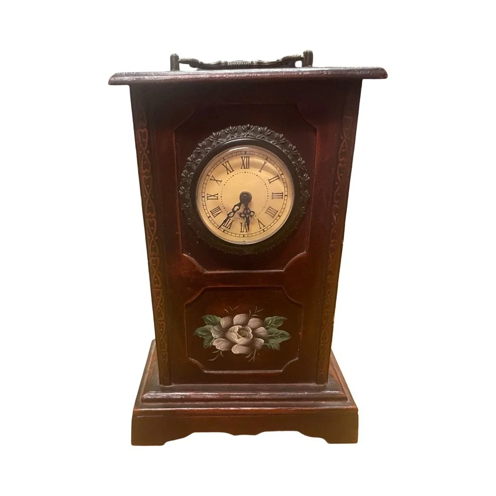 Vintage Wooden Mantel Clock Hand Painted Floral Roman Numerals Brown Table Decor